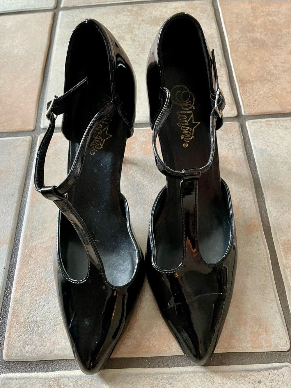 Pleaser Black Patent T-Strap Pointed Pumps